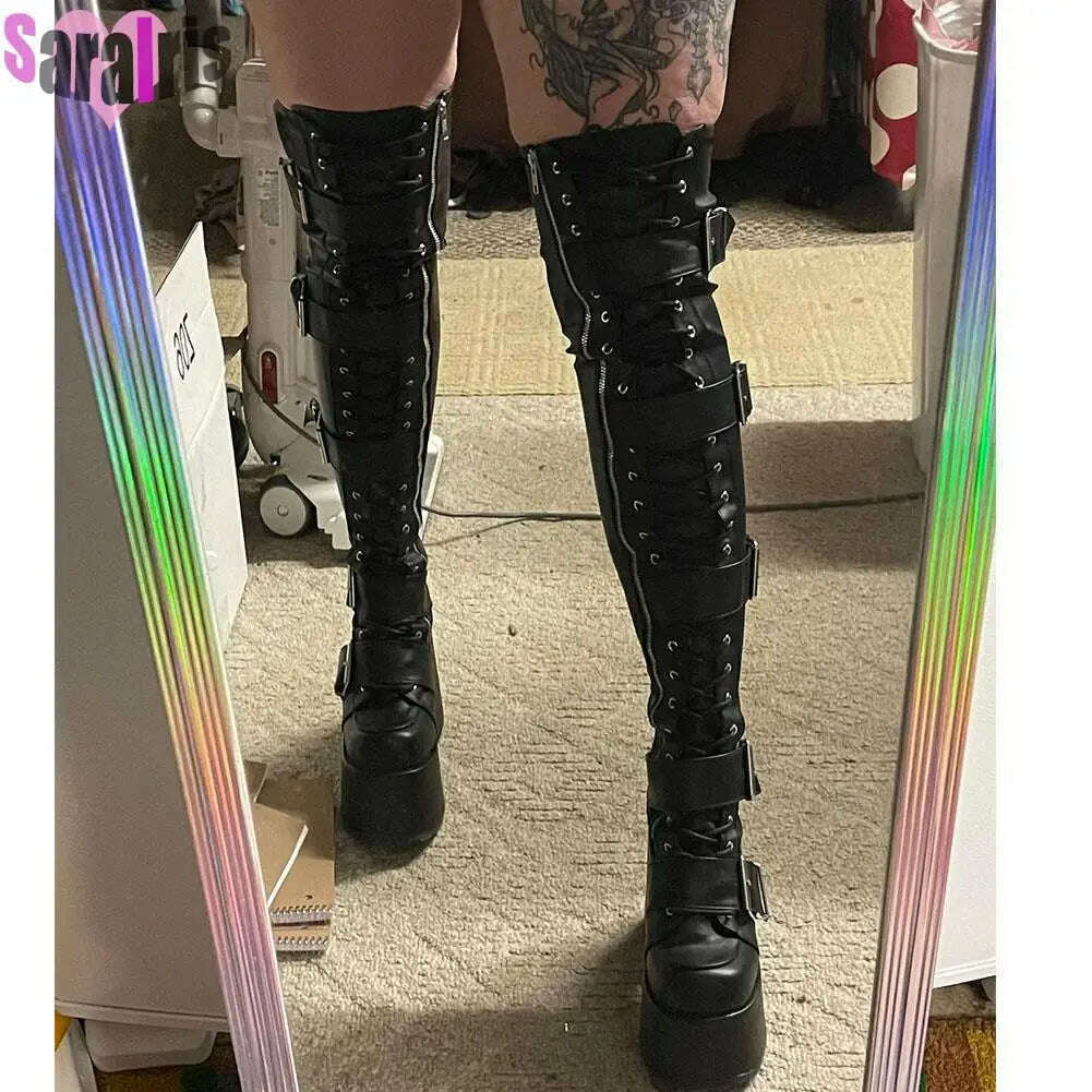 KIMLUD, Gothic Punk Women Thigh Boots Platform Chunky High Heels Cosplay Black Street Shoes For Woman Y2K Motorcycle Over The Knee Boots, KIMLUD Womens Clothes