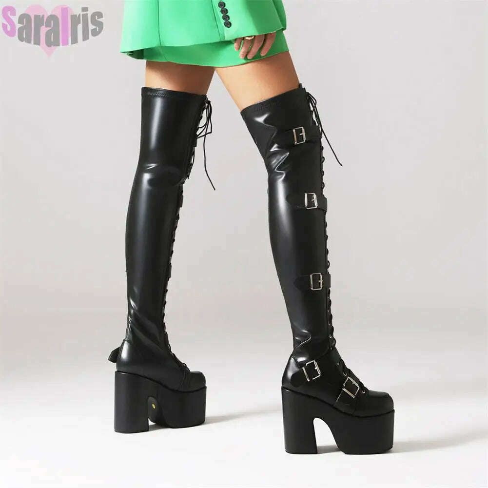 KIMLUD, Gothic Punk Women Thigh Boots Platform Chunky High Heels Cosplay Black Street Shoes For Woman Y2K Motorcycle Over The Knee Boots, KIMLUD Womens Clothes