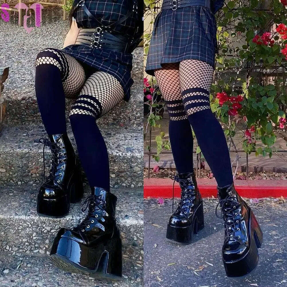 KIMLUD, Gothic Punk Women Thigh Boots Platform Chunky High Heels Cosplay Black Street Shoes For Woman Y2K Motorcycle Over The Knee Boots, KIMLUD Womens Clothes