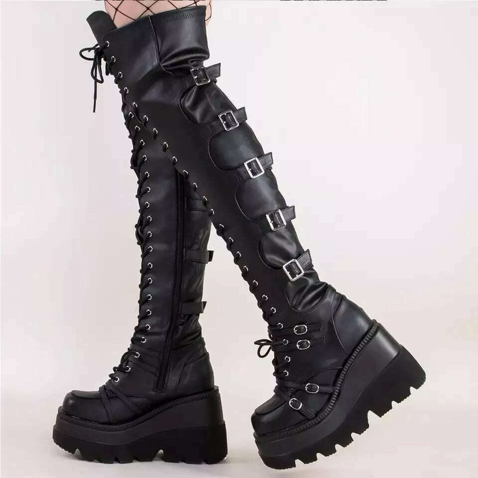 KIMLUD, Gothic Thigh High Boots Women Platform Wedges Motorcycle Boot Over The Knee Army Stripper Heels Punk Lace-up Belt Buckle Long, KIMLUD Womens Clothes