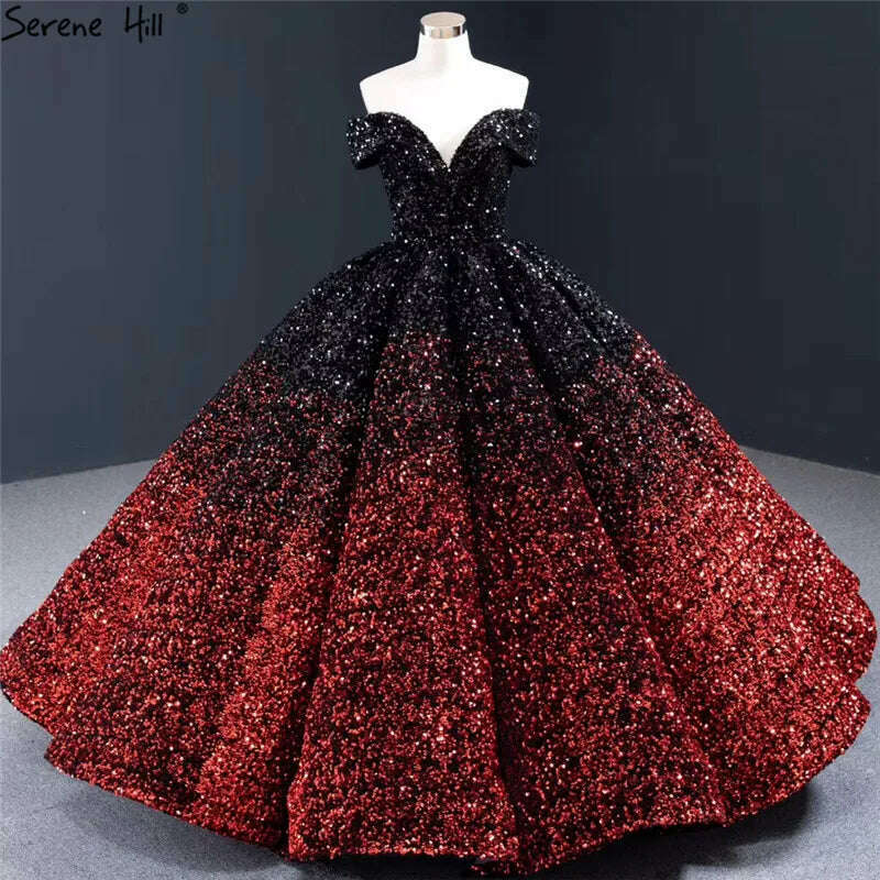 KIMLUD, Gradual Change Indigo Black Red Wedding Dresses 2023 Sleeveless Sequined Luxury Wedding Gowns Serene Hill HA2305 Custom Made, black red / 16, KIMLUD APPAREL - Womens Clothes