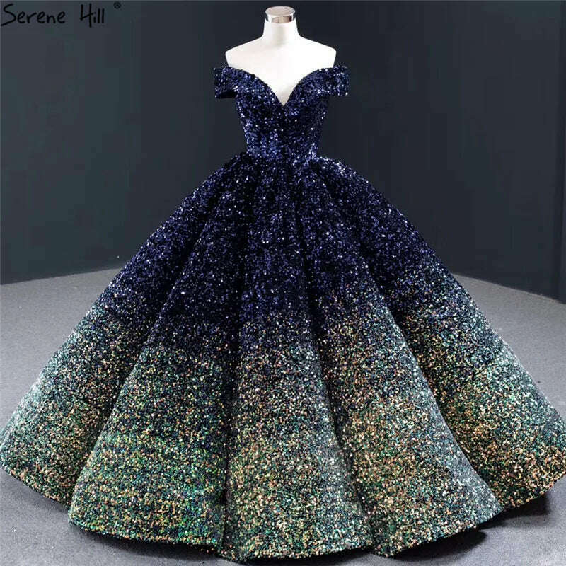 KIMLUD, Gradual Change Indigo Black Red Wedding Dresses 2023 Sleeveless Sequined Luxury Wedding Gowns Serene Hill HA2305 Custom Made, indigo blue gold / 2, KIMLUD APPAREL - Womens Clothes