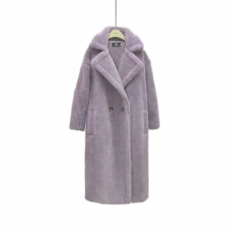 KIMLUD, Grain Sheep Camel Fur Coat Women'S Autumn Thickened Lamb Fleece Lapel Double Breasted Mid Length Coat, KIMLUD Womens Clothes