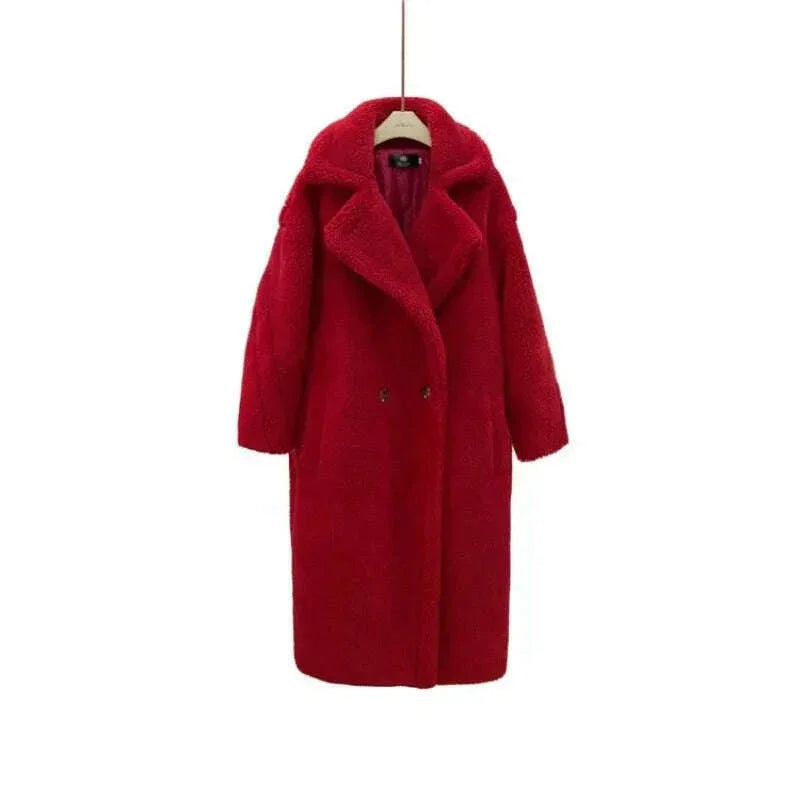 KIMLUD, Grain Sheep Camel Fur Coat Women'S Autumn Thickened Lamb Fleece Lapel Double Breasted Mid Length Coat, KIMLUD Womens Clothes