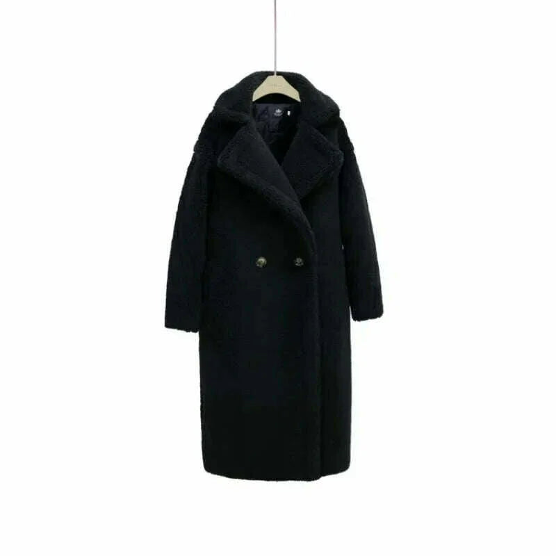 KIMLUD, Grain Sheep Camel Fur Coat Women'S Autumn Thickened Lamb Fleece Lapel Double Breasted Mid Length Coat, KIMLUD Womens Clothes