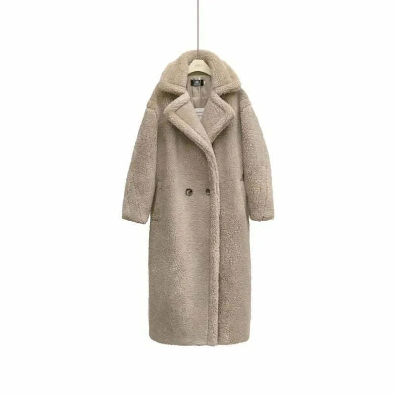 KIMLUD, Grain Sheep Camel Fur Coat Women'S Autumn Thickened Lamb Fleece Lapel Double Breasted Mid Length Coat, KIMLUD Womens Clothes