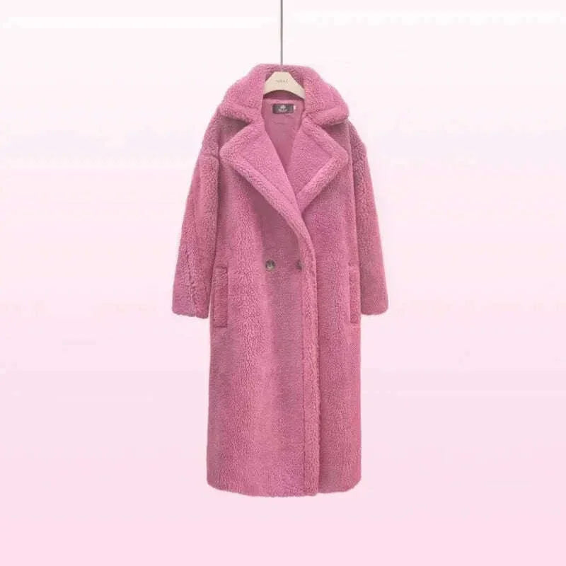 KIMLUD, Grain Sheep Camel Fur Coat Women'S Autumn Thickened Lamb Fleece Lapel Double Breasted Mid Length Coat, KIMLUD Womens Clothes