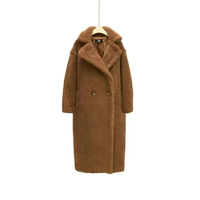 KIMLUD, Grain Sheep Camel Fur Coat Women'S Autumn Thickened Lamb Fleece Lapel Double Breasted Mid Length Coat, KIMLUD Womens Clothes