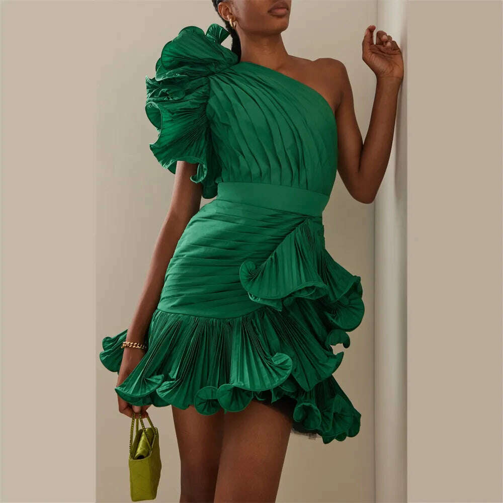 Green Fashion Short Women Dress One Shoulder Ruffles Pleated A-Line Gi Green Fashion Short Women Dress One Shoulder Ruffles Pleated A-Line Gi