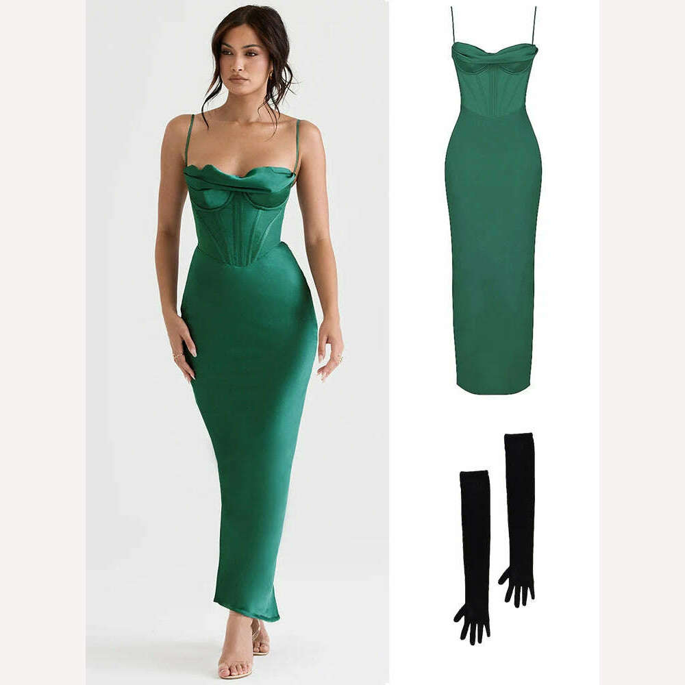 KIMLUD, Green Maxi Bodycon Dress Sexy Celebrity Event Prom Night Party Dresses Satin V Neck Spaghetti Strap Women Dresses 2022 Summer, KIMLUD Womens Clothes