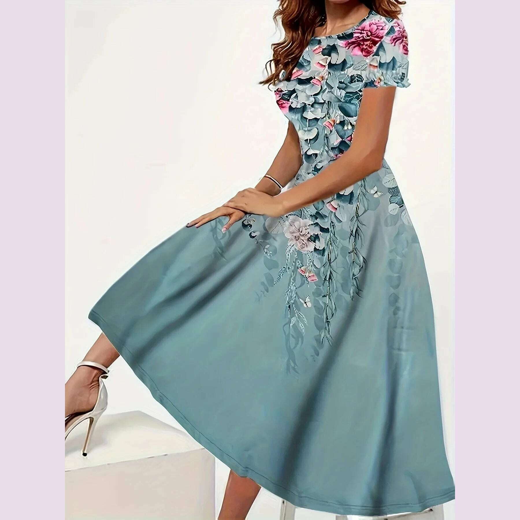 KIMLUD, Green printed round neck long dress elegant short sleeved dress for spring and summer comfortable fit women's clothing, Light Green / XXL, KIMLUD APPAREL - Womens Clothes