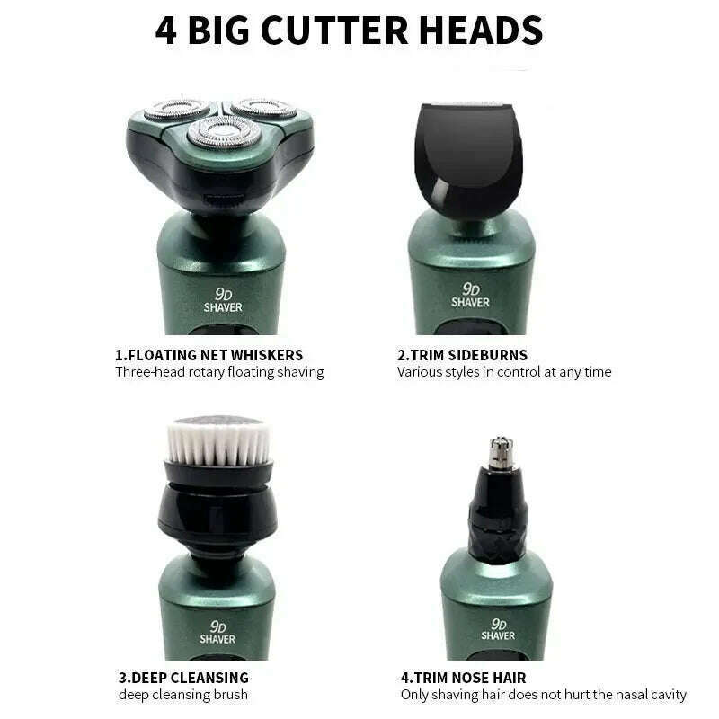 Green Smart Electric Shaver LCD Digital Display Three-head Floating Razor USB Rechargeable Washing Multi-function Beard Knife - KIMLUD