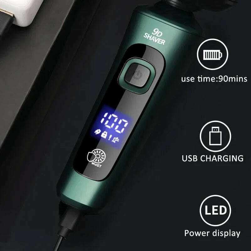 Green Smart Electric Shaver LCD Digital Display Three-head Floating Razor USB Rechargeable Washing Multi-function Beard Knife - KIMLUD