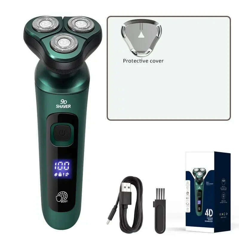 Green Smart Electric Shaver LCD Digital Display Three-head Floating Razor USB Rechargeable Washing Multi-function Beard Knife - KIMLUD