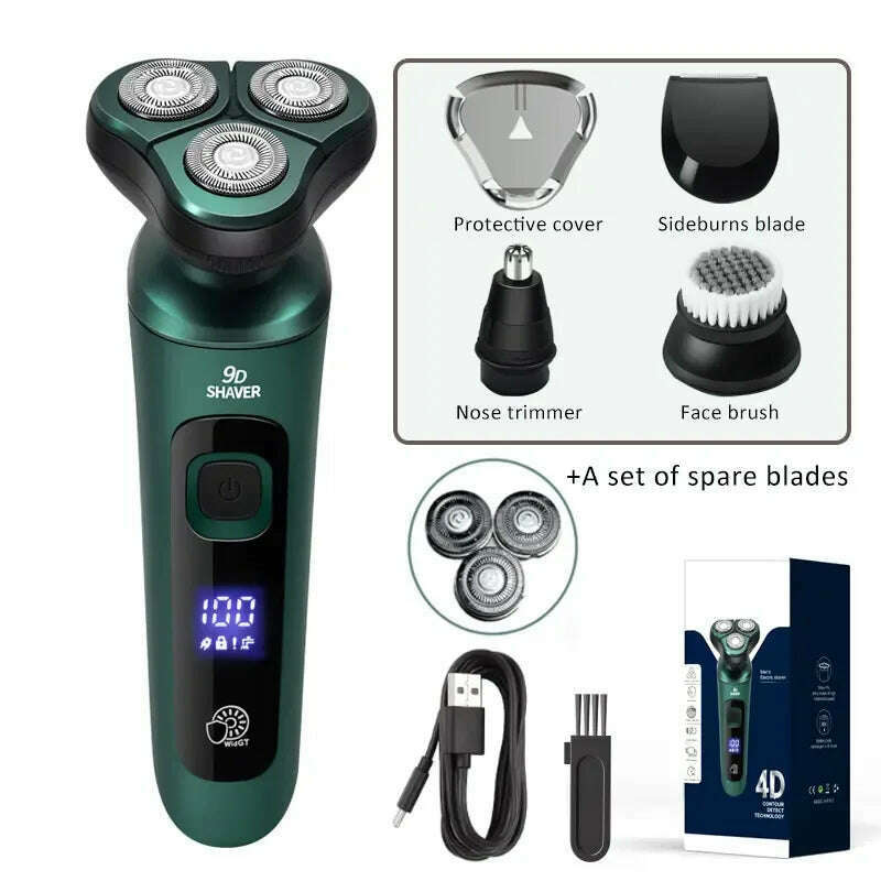 Green Smart Electric Shaver LCD Digital Display Three-head Floating Razor USB Rechargeable Washing Multi-function Beard Knife - KIMLUD