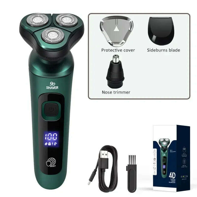 Green Smart Electric Shaver LCD Digital Display Three-head Floating Razor USB Rechargeable Washing Multi-function Beard Knife - KIMLUD