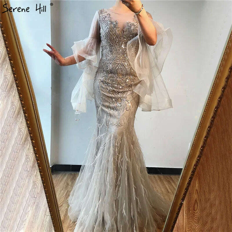 KIMLUD, Grey Luxury Sparkl Sequins Beading Mermaid Evening Dresses 2023 Petal Long Sleeves Sexy Formal Gown Serene Hill BLA70410, KIMLUD Womens Clothes