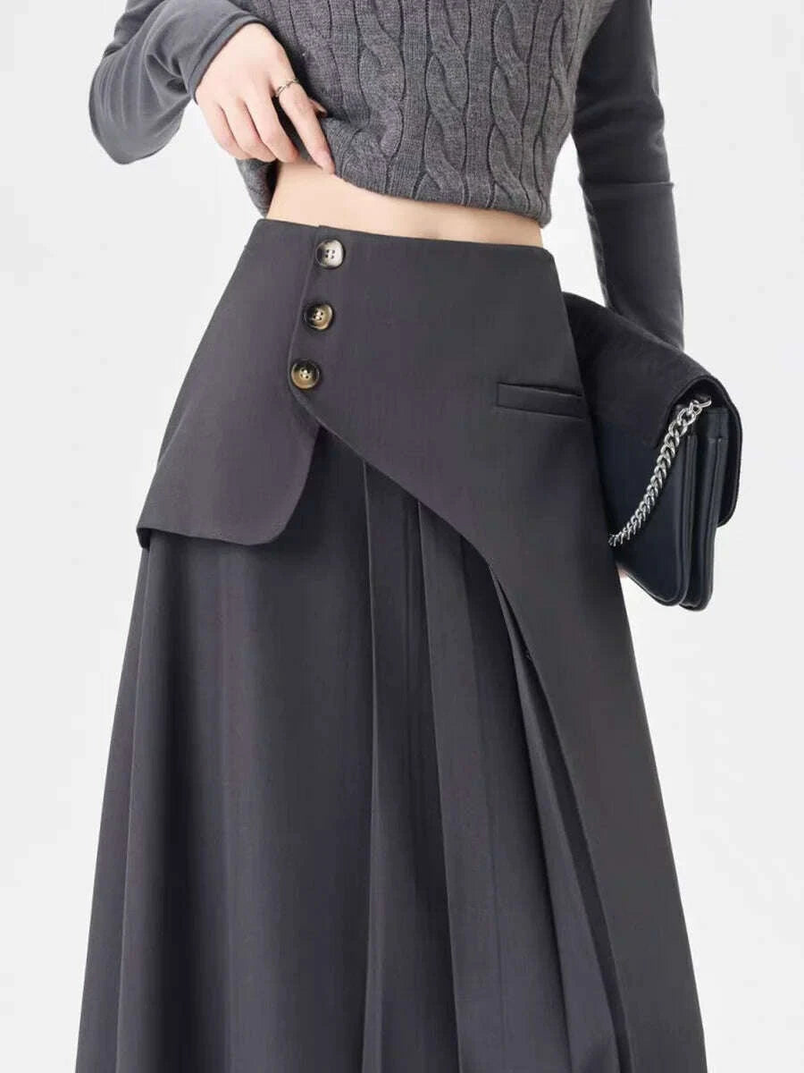 Grey Suiting Midi Skirts for Women High-Waisted A-Line Flare Skirt Perfect Hip-Camouflage Office Skirt for Autumn