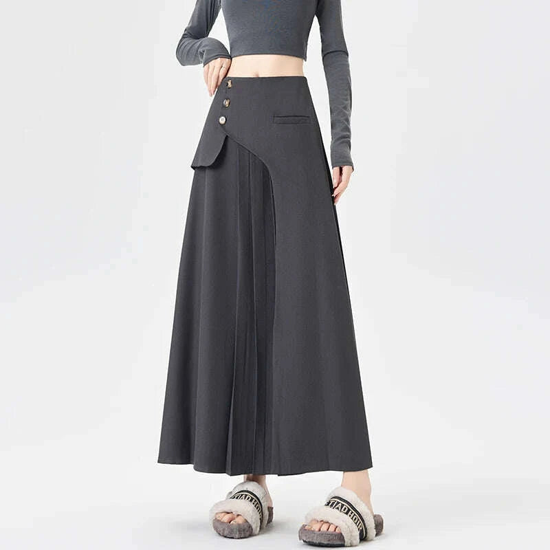 Grey Suiting Midi Skirts for Women High-Waisted A-Line Flare Skirt Perfect Hip-Camouflage Office Skirt for Autumn