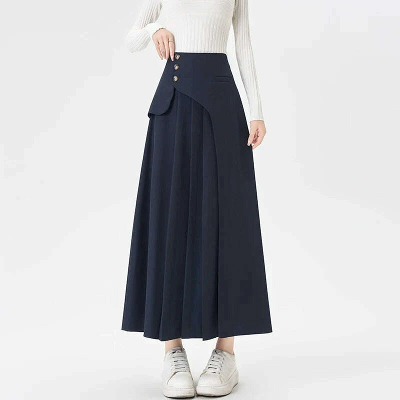 Grey Suiting Midi Skirts for Women High-Waisted A-Line Flare Skirt Perfect Hip-Camouflage Office Skirt for Autumn