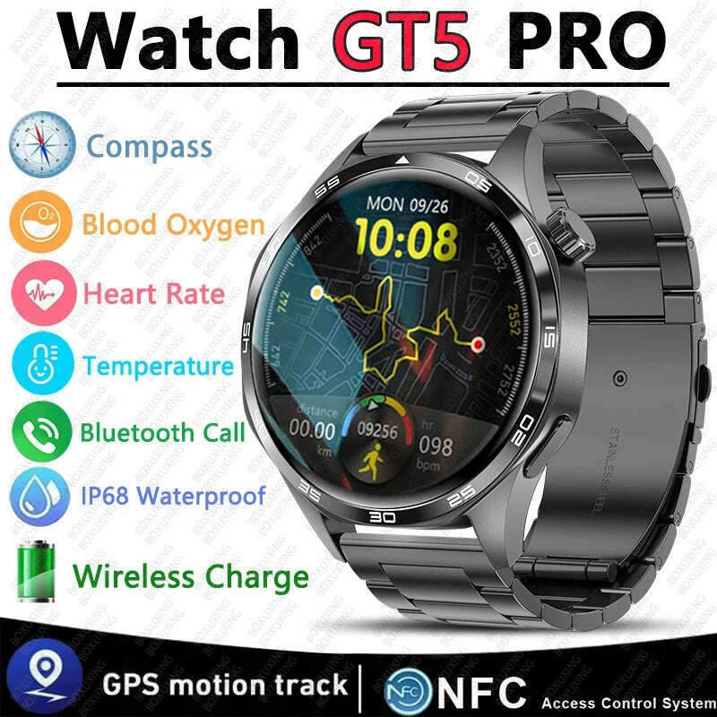 KIMLUD, GT5 PRO Smart Watch Men Watch 5 Pro AMOLED HD Screen Bluetooth Call GPS Trajectory NFC Heart Rate Compass SmartWatches 2025 New, KIMLUD Womens Clothes