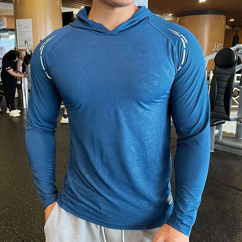 KIMLUD, Gym Men T Shirt Casual Long Sleeve Slim Tops Tees Elastic T-shirt Sports Fitness Thin Comfort Breathable Quick Dry Hooded, T219-Blue / M (Fit 60-70KG) / CN, KIMLUD APPAREL - Womens Clothes