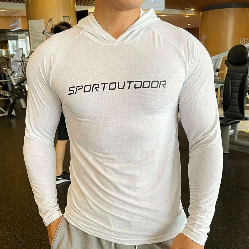 KIMLUD, Gym Men T Shirt Casual Long Sleeve Slim Tops Tees Elastic T-shirt Sports Fitness Thin Comfort Breathable Quick Dry Hooded, T218-White / M (Fit 60-70KG) / CN, KIMLUD APPAREL - Womens Clothes