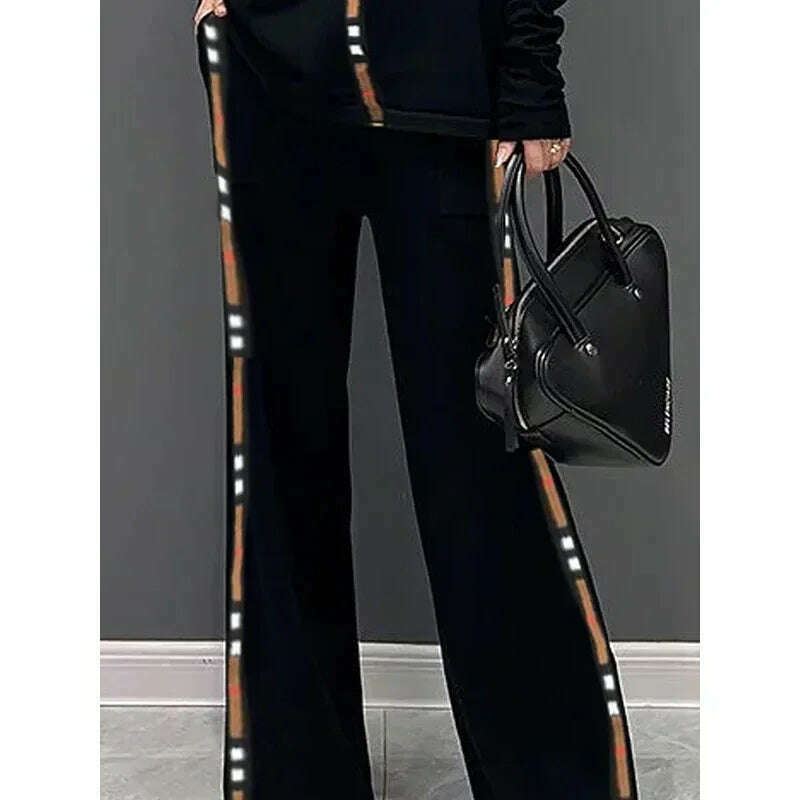 Gymystars Autumn Two Piece Set Winter Pants Sets Casual Contrast Color Wide Leg Trousers High Neck T-Shirts Female Tops&Bottoms - KIMLUD