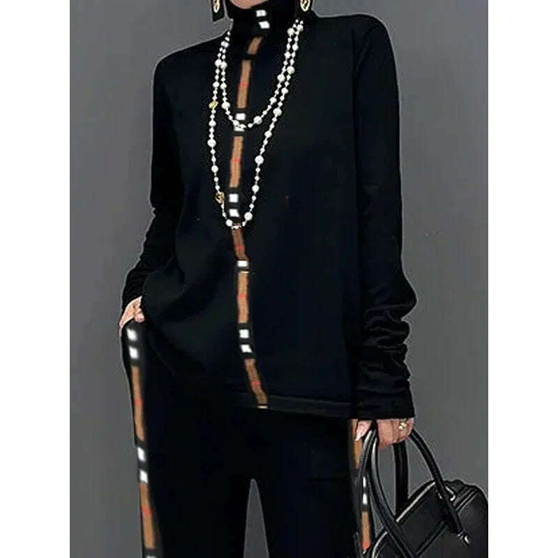 Gymystars Autumn Two Piece Set Winter Pants Sets Casual Contrast Color Wide Leg Trousers High Neck T-Shirts Female Tops&Bottoms - KIMLUD