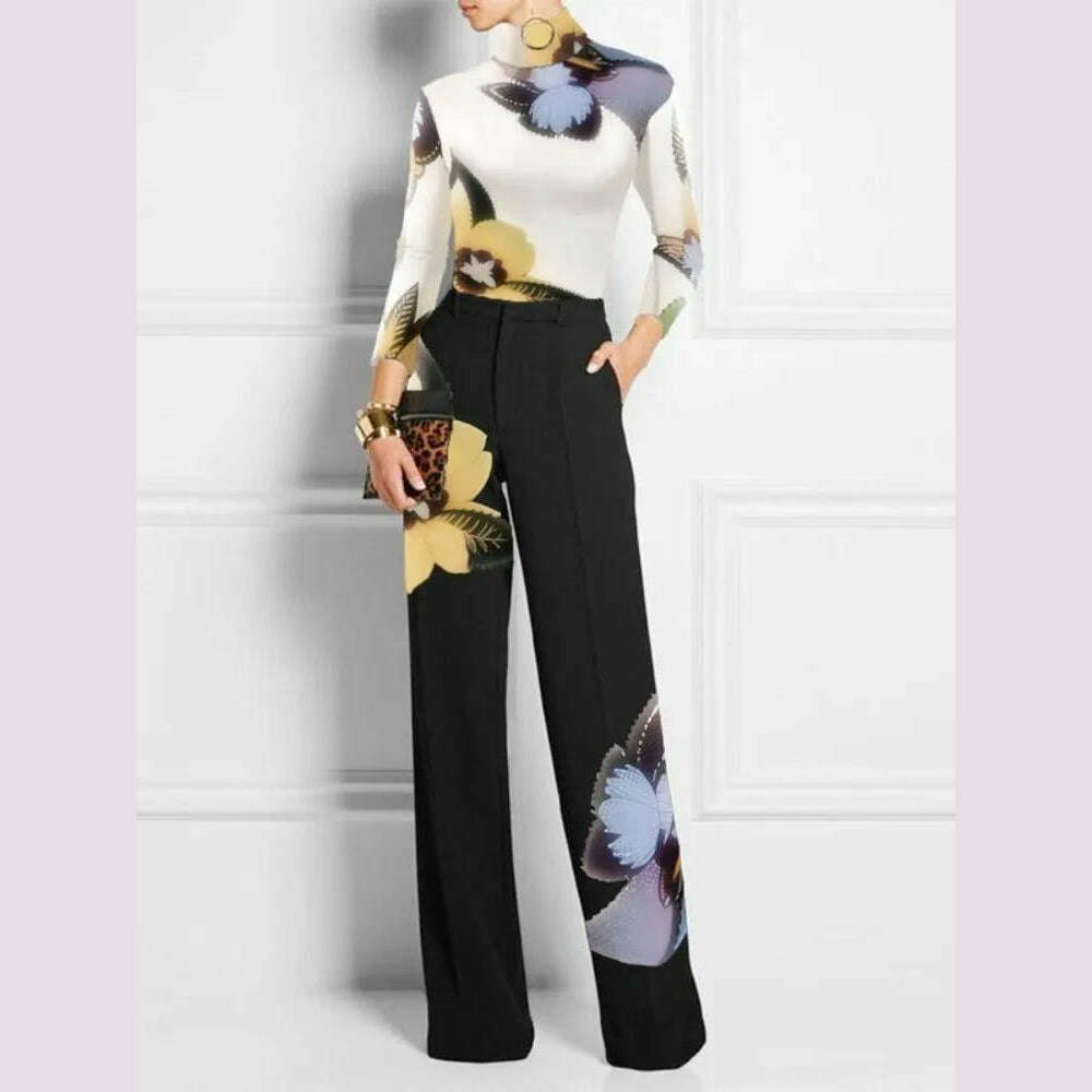 Gymystars Women's Two Pieces Set Pant Sets Colorful Skinny Flower Print T-Shirts High Waisted Pants Trousers Female Top&bottom - KIMLUD