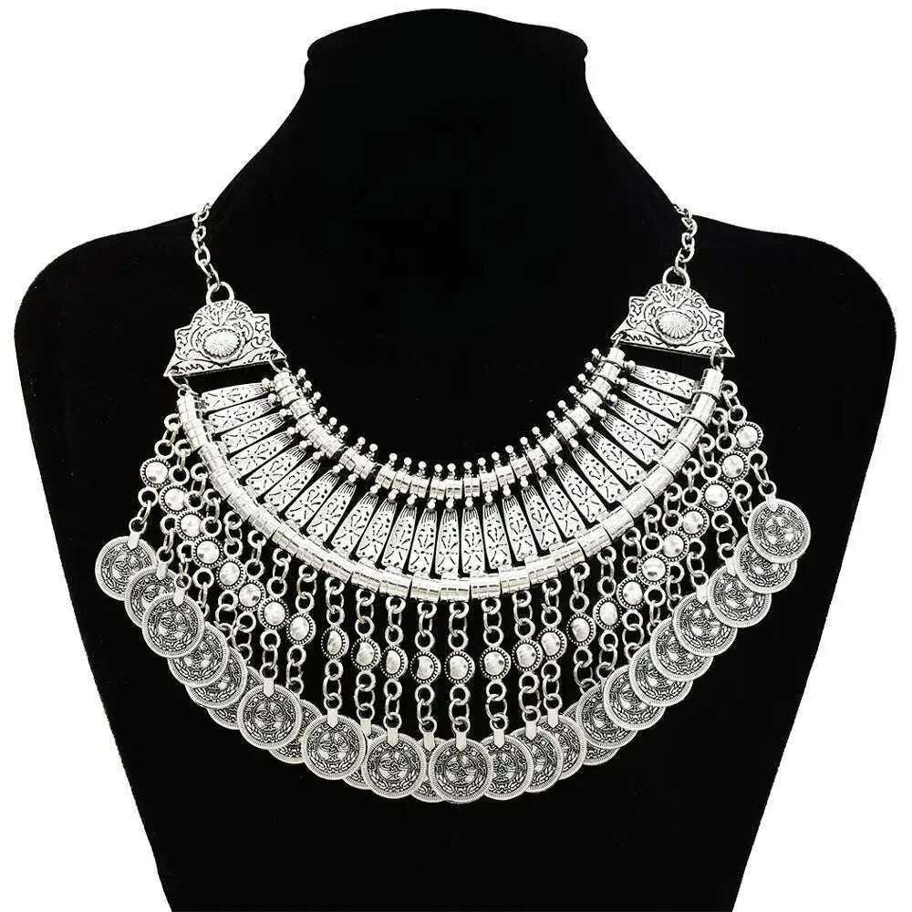 Gypsy Bohemia Beachy Chic Vintage Metal Coin Tassel Statement Necklaces for Women Hippie Afghan Turkish Ethnic Tribal Jewelry - KIMLUD