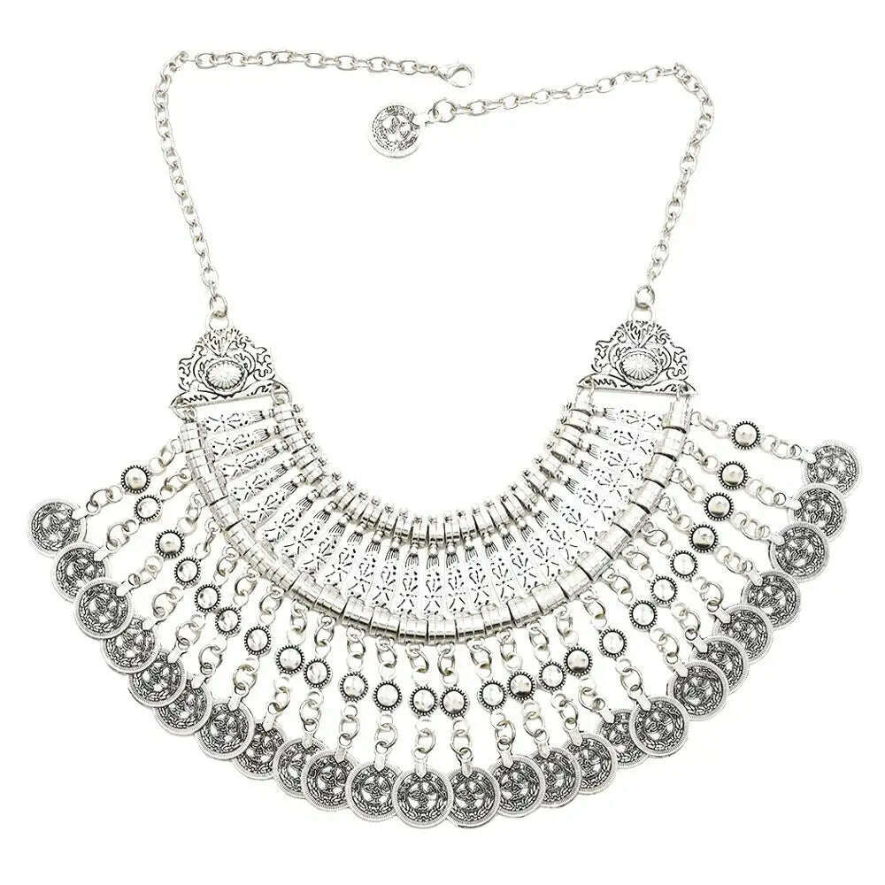 Gypsy Bohemia Beachy Chic Vintage Metal Coin Tassel Statement Necklaces for Women Hippie Afghan Turkish Ethnic Tribal Jewelry - KIMLUD