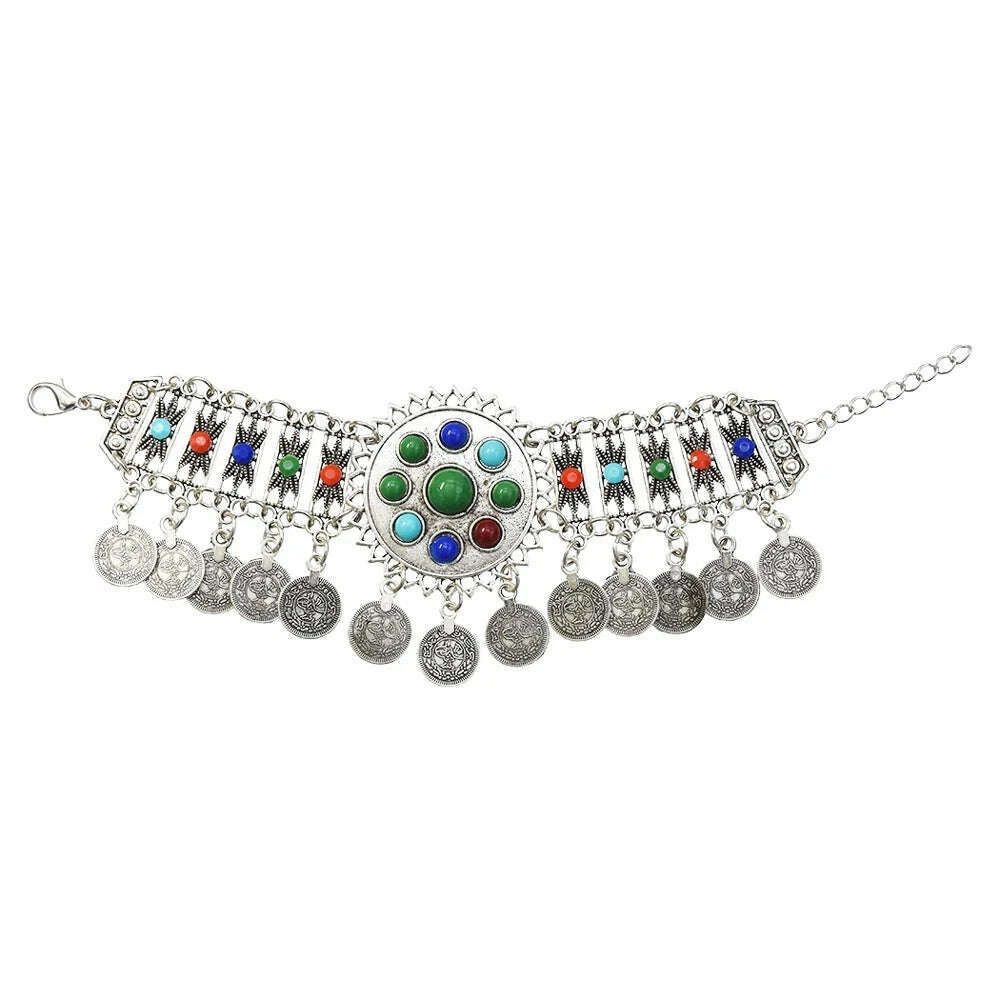 Gypsy Bohemian Coin Bracelets for Women Metal Vintage Flower Statement Bracelets Festival Turkish Beach Jewelry Tribal Ethnic - KIMLUD
