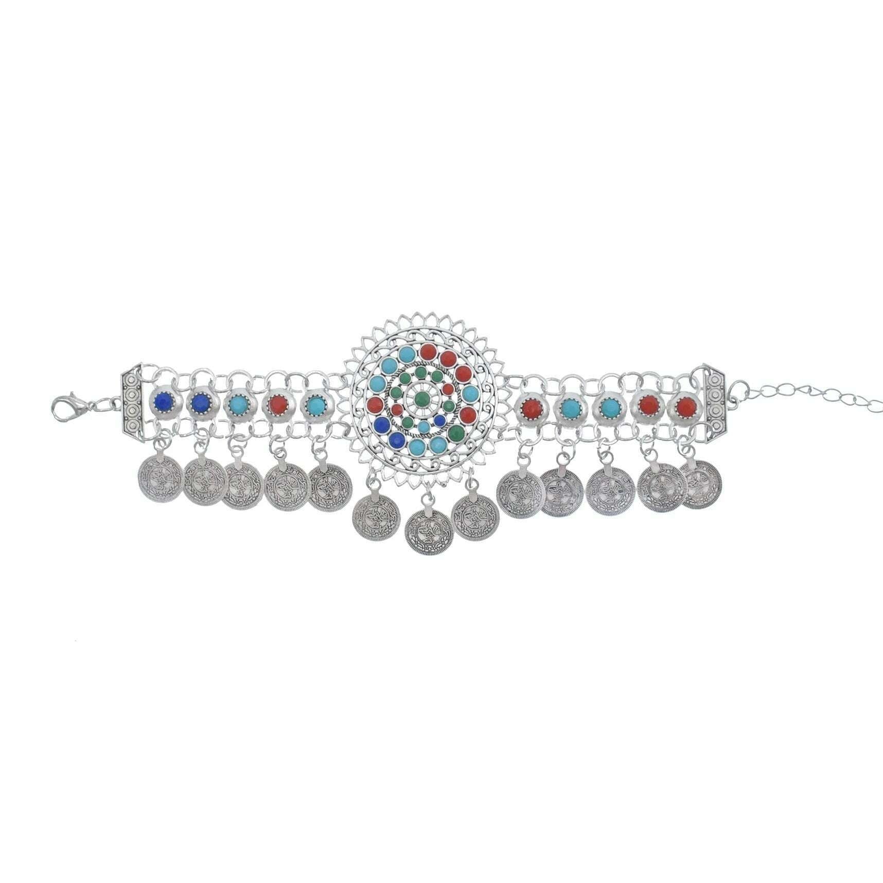Gypsy Bohemian Coin Bracelets for Women Metal Vintage Flower Statement Bracelets Festival Turkish Beach Jewelry Tribal Ethnic - KIMLUD