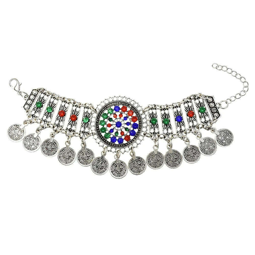 Gypsy Bohemian Coin Bracelets for Women Metal Vintage Flower Statement Bracelets Festival Turkish Beach Jewelry Tribal Ethnic - KIMLUD