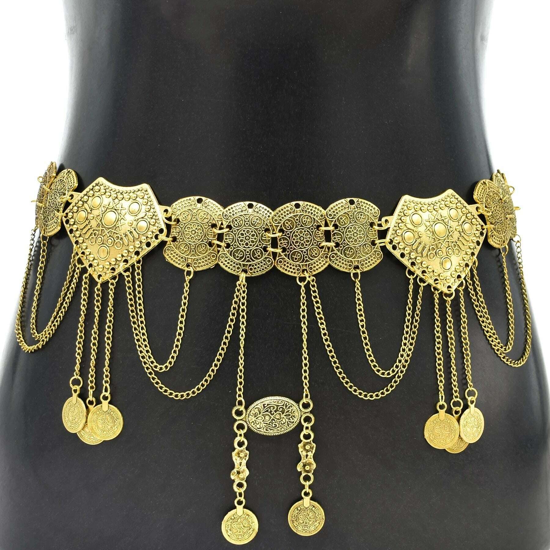 Gypsy Vintage Metal Coin Tassel Belly Waist Dance Body Chains for Women Boho Hippie Coin Tassel Dress Belt Afghan Party Jewelry - KIMLUD