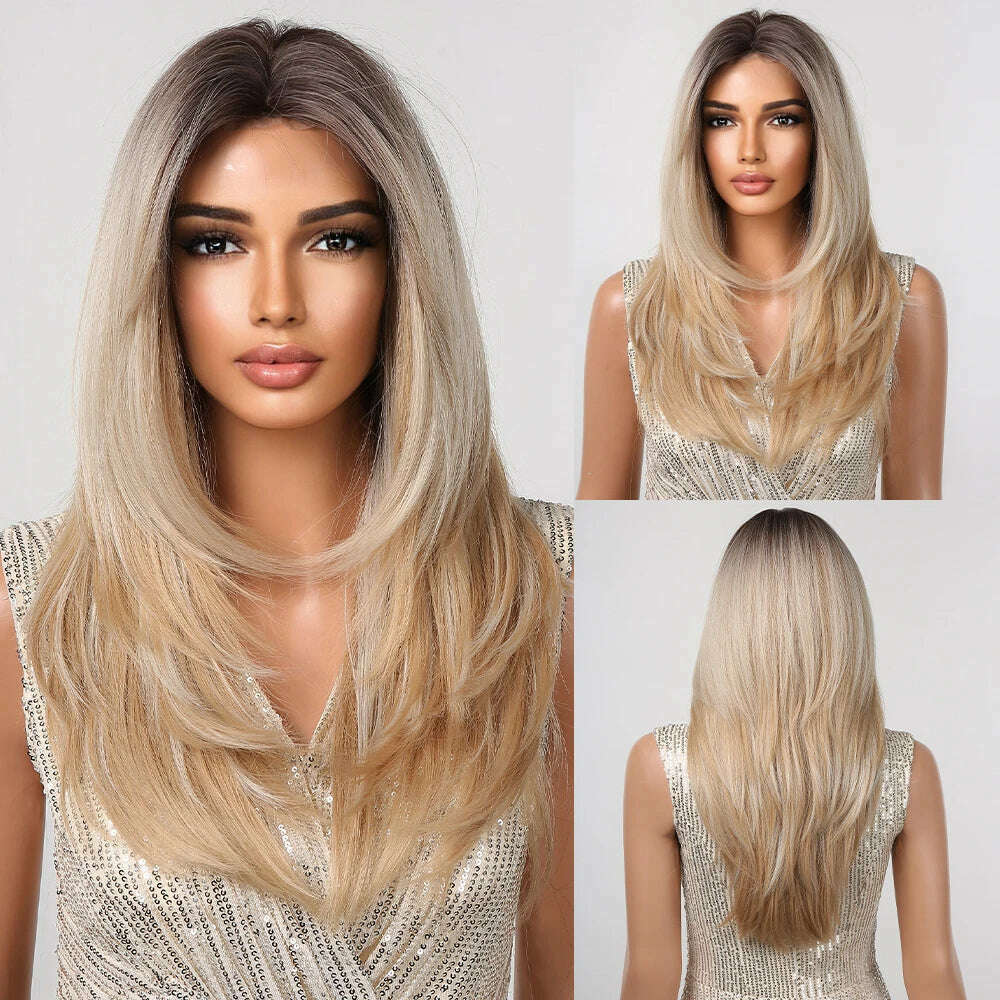HAIRCUBE Long Straight Brown Mixed Blonde Highlight Synthetic Wigs Natural Hairline Lace Front Wigs for Women Daily Cosplay Hair - KIMLUD