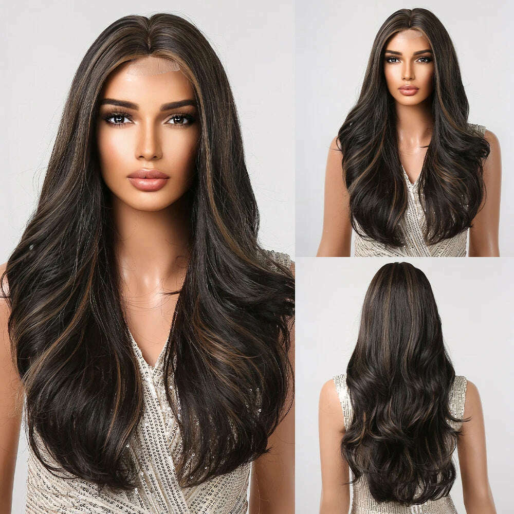 HAIRCUBE Long Straight Brown Mixed Blonde Highlight Synthetic Wigs Natural Hairline Lace Front Wigs for Women Daily Cosplay Hair - KIMLUD