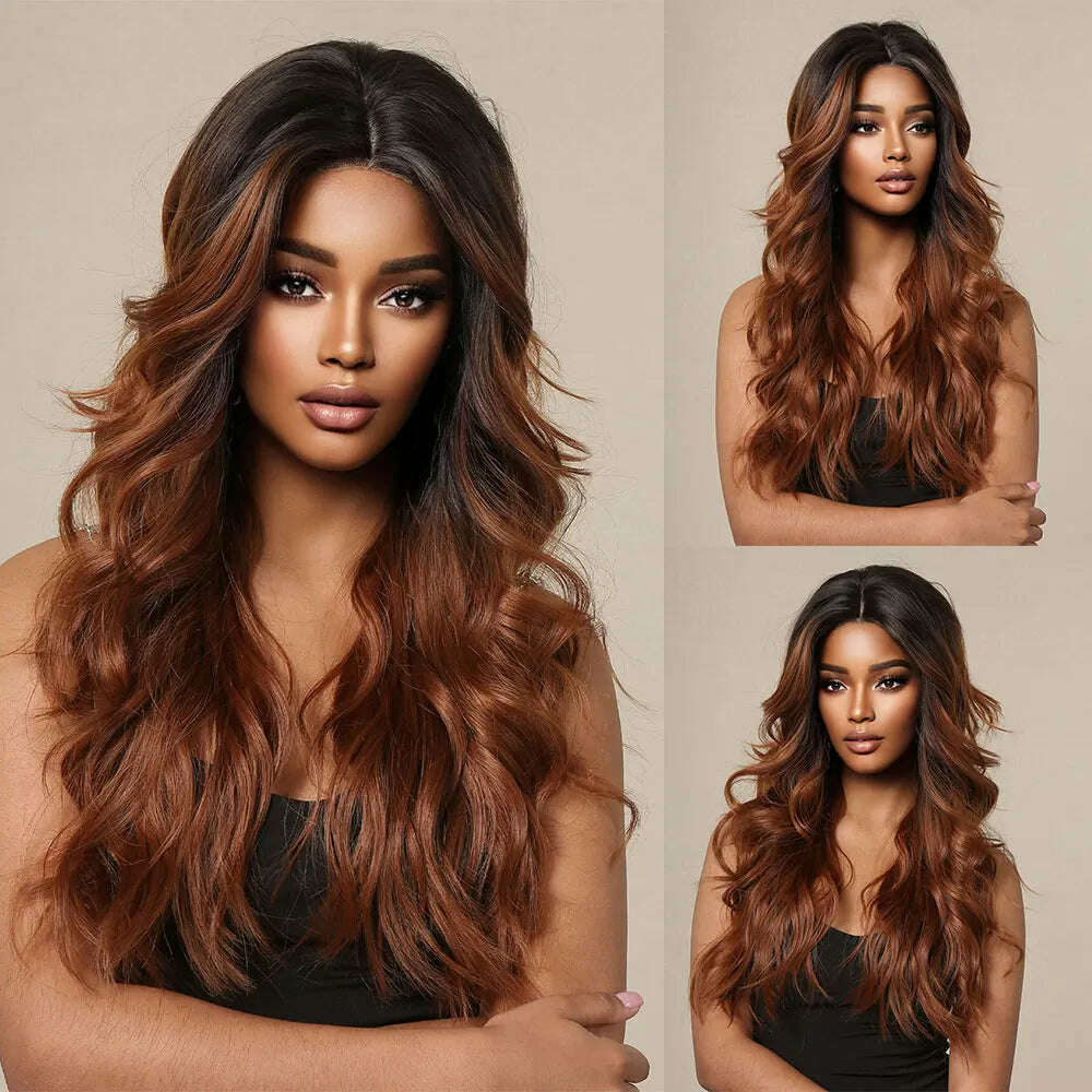 HAIRCUBE Long Straight Brown Mixed Blonde Highlight Synthetic Wigs Natural Hairline Lace Front Wigs for Women Daily Cosplay Hair - KIMLUD