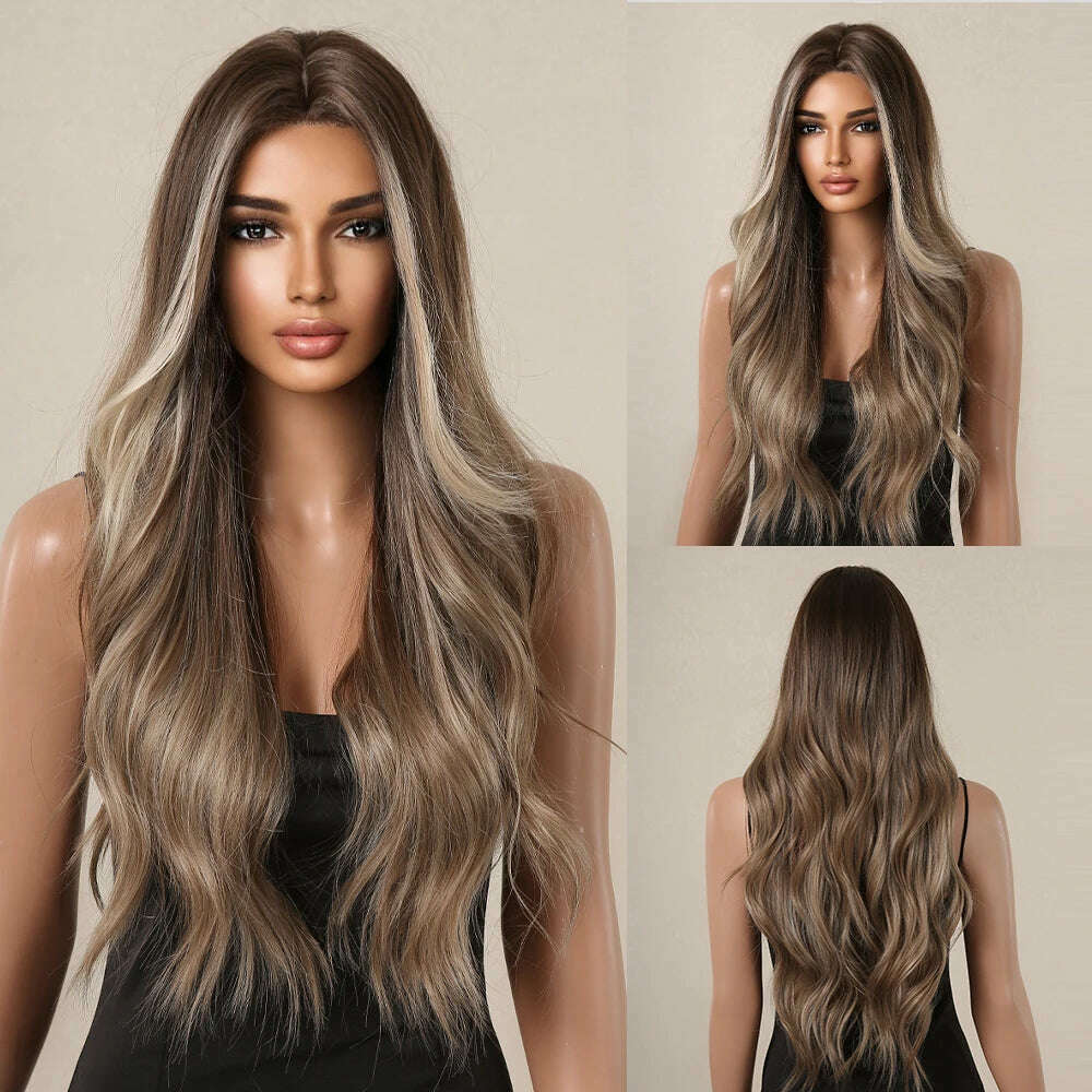 HAIRCUBE Long Straight Brown Mixed Blonde Highlight Synthetic Wigs Natural Hairline Lace Front Wigs for Women Daily Cosplay Hair - KIMLUD