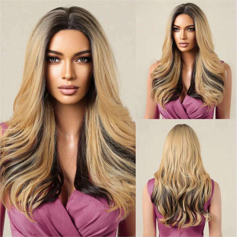 HAIRCUBE Long Straight Brown Mixed Blonde Highlight Synthetic Wigs Natural Hairline Lace Front Wigs for Women Daily Cosplay Hair - KIMLUD