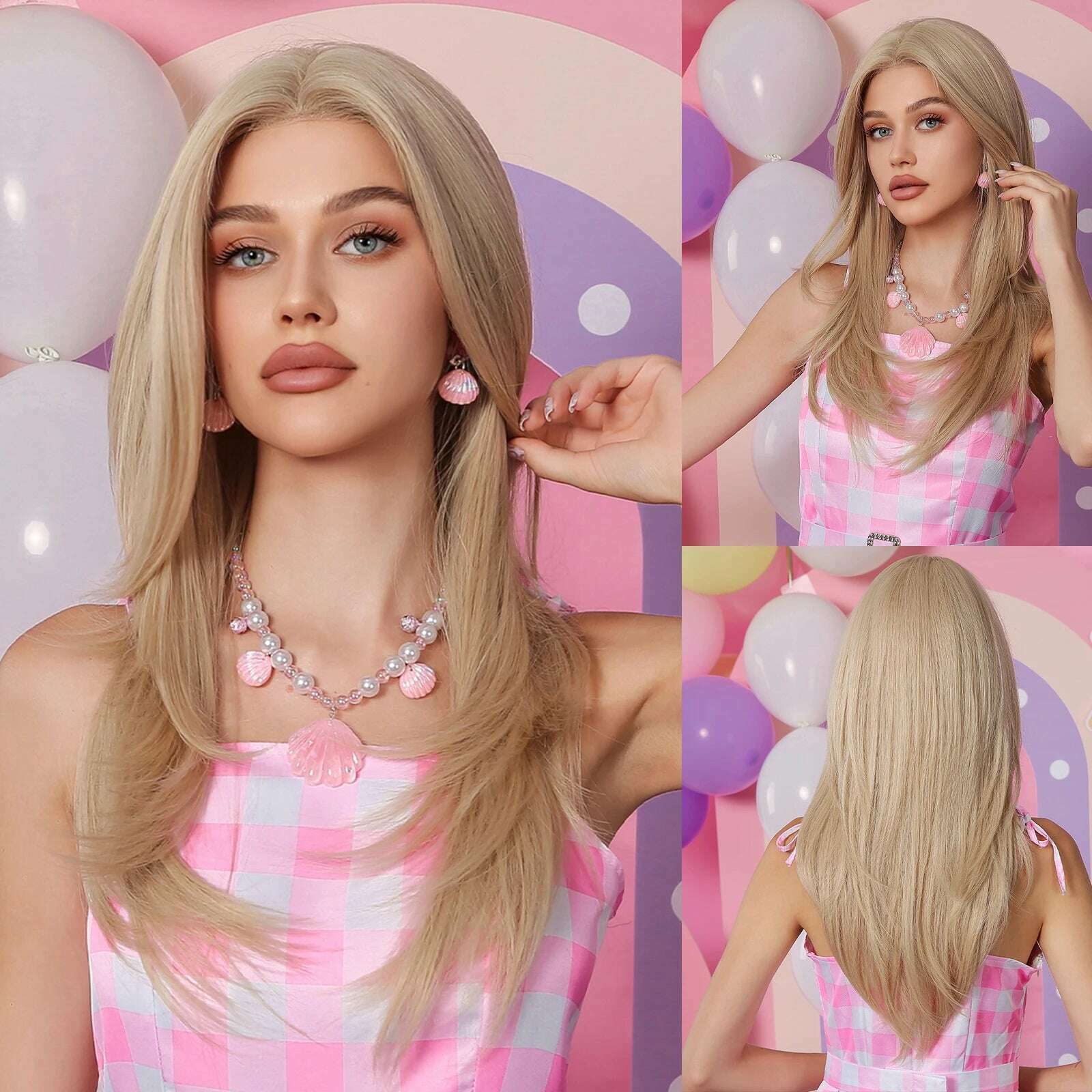 HAIRCUBE Long Straight Brown Mixed Blonde Highlight Synthetic Wigs Natural Hairline Lace Front Wigs for Women Daily Cosplay Hair - KIMLUD