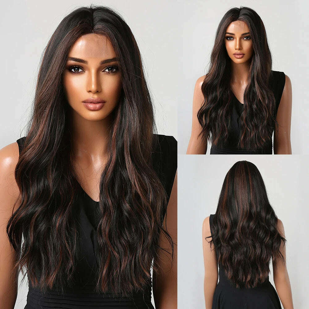 HAIRCUBE Long Straight Brown Mixed Blonde Highlight Synthetic Wigs Natural Hairline Lace Front Wigs for Women Daily Cosplay Hair - KIMLUD