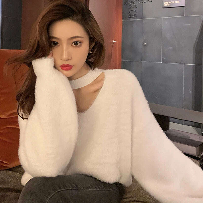 KIMLUD, Halter V-Neck Loose Knitted Sweater Women Mink Cashmere Jumpers Oversized Elastic Casual Pullovers Lantern Sleeve Vintage X470, KIMLUD Womens Clothes