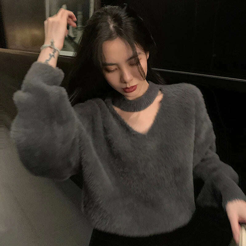 KIMLUD, Halter V-Neck Loose Knitted Sweater Women Mink Cashmere Jumpers Oversized Elastic Casual Pullovers Lantern Sleeve Vintage X470, KIMLUD Womens Clothes