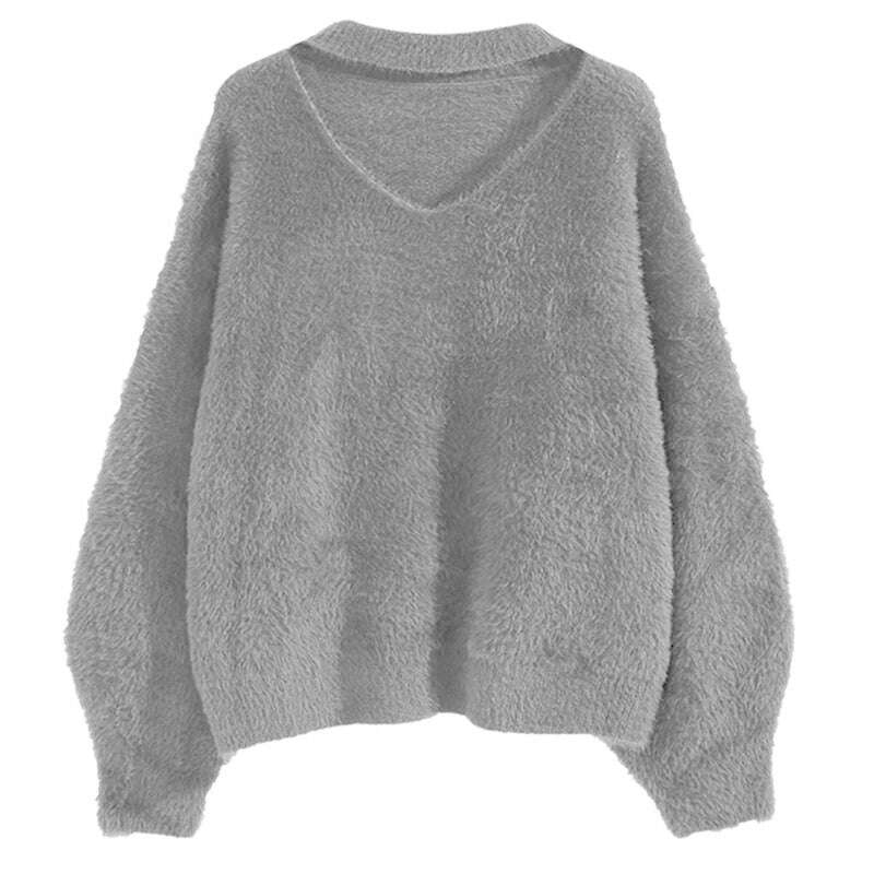 KIMLUD, Halter V-Neck Loose Knitted Sweater Women Mink Cashmere Jumpers Oversized Elastic Casual Pullovers Lantern Sleeve Vintage X470, KIMLUD Womens Clothes