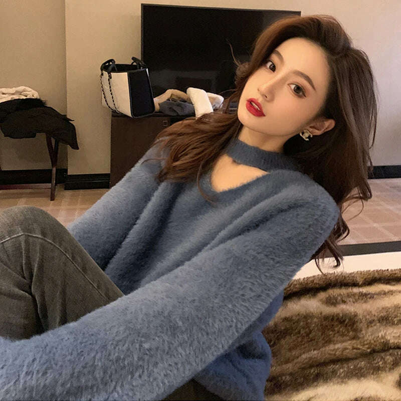 KIMLUD, Halter V-Neck Loose Knitted Sweater Women Mink Cashmere Jumpers Oversized Elastic Casual Pullovers Lantern Sleeve Vintage X470, Blue / One Size, KIMLUD APPAREL - Womens Clothes