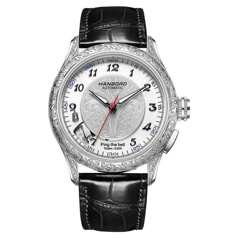 HANBORO Mechanical Alarm Watch Men Automatic Ping Bell Hourly Chime Luxury 100M Waterproof Sapphire Steel Business Unique