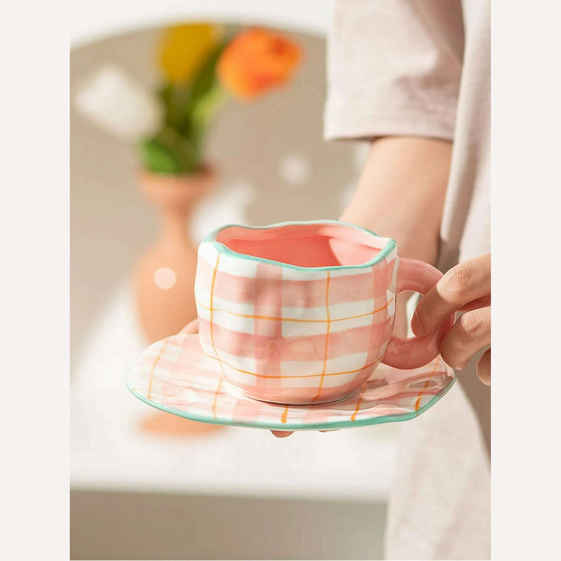 Hand-painted Flower Ceramic Coffee Cup Home Office Mug With Plate Spoon Breakfast Milk Juice Tea Handle Cup Gift Drinkware Set - KIMLUD