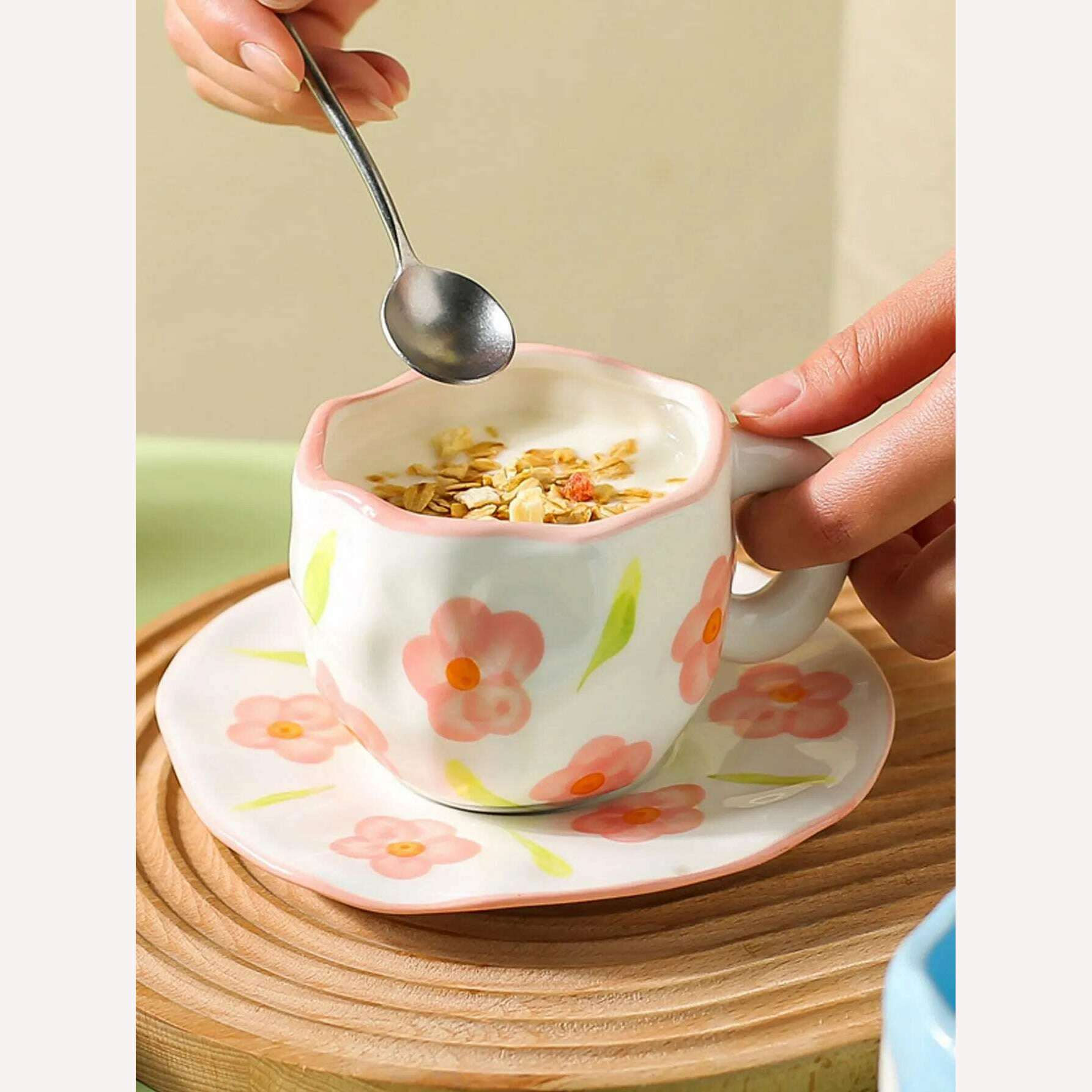 Hand-painted Flower Ceramic Coffee Cup Home Office Mug With Plate Spoon Breakfast Milk Juice Tea Handle Cup Gift Drinkware Set - KIMLUD